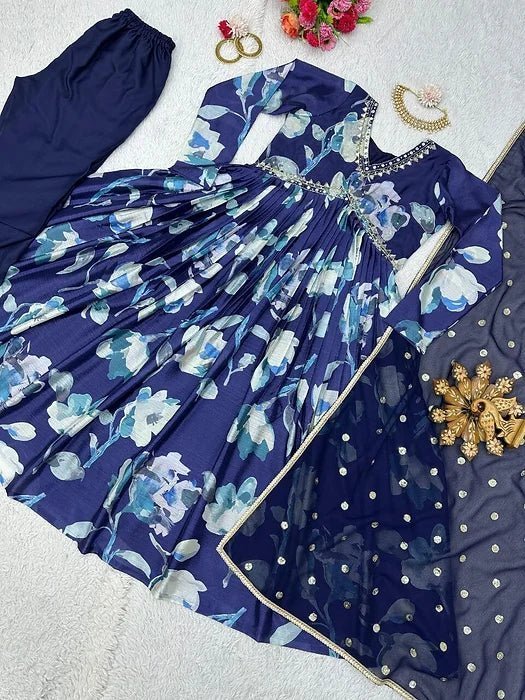 Blue Aliya Cut Dress With Real Mirror Work - Image 5