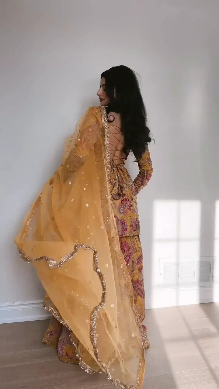 Musted Yellow Designer Suit Set with Embroidered Scalloped Dupatta & Straight Pants – Premium Silk Blend Ethnic Gown for Weddings, Parties, and Festive Wear - Image 2
