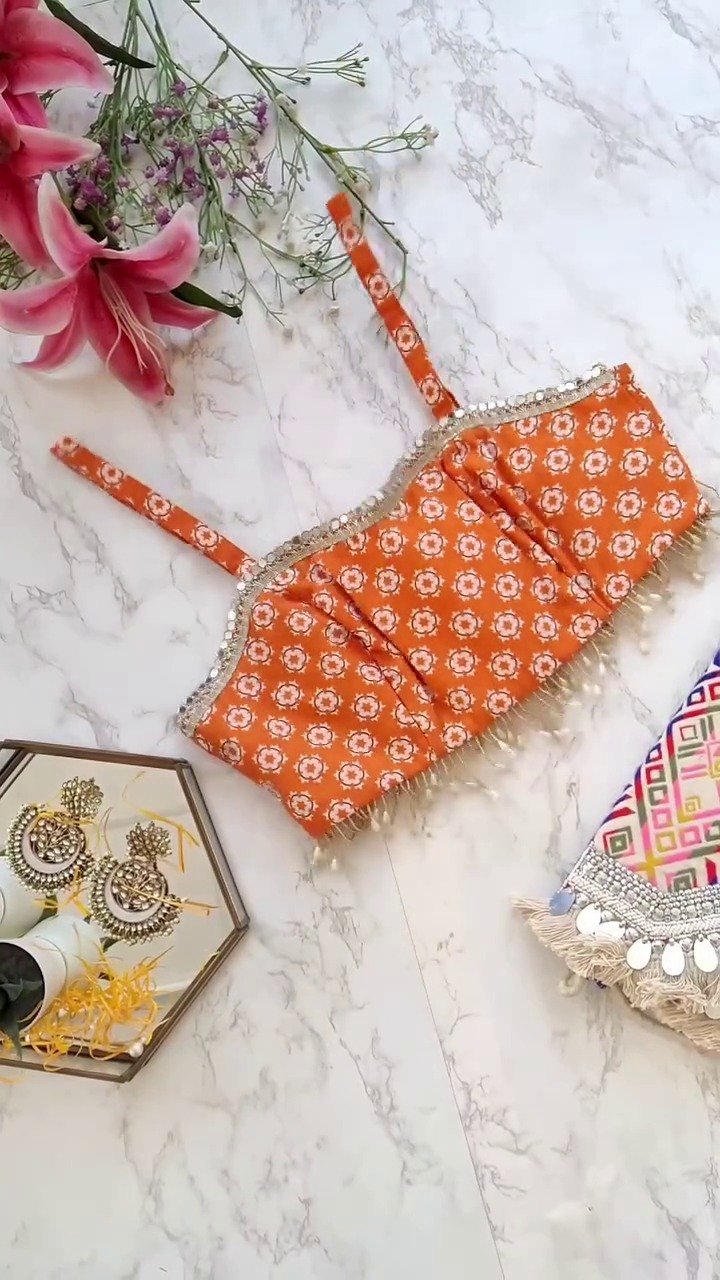 Burnt Orange Printed Mirrorwork Crop Top Jacket Set - Image 2