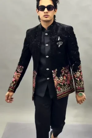 Men Black Velvet Jodhpuri Bandhgala Jacket with Floral Embroidery – Designer Wedding & Party Wear Blazer