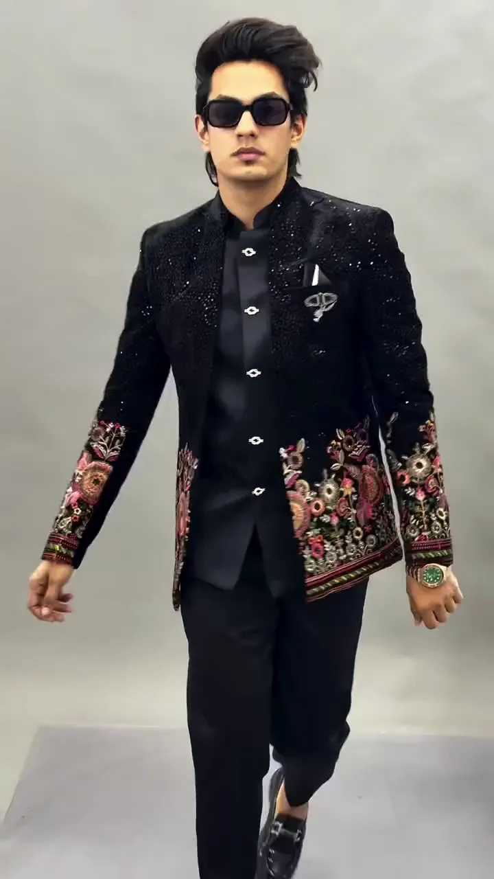 Men Black Velvet Jodhpuri Bandhgala Jacket with Floral Embroidery β Designer Wedding & Party Wear Blazer