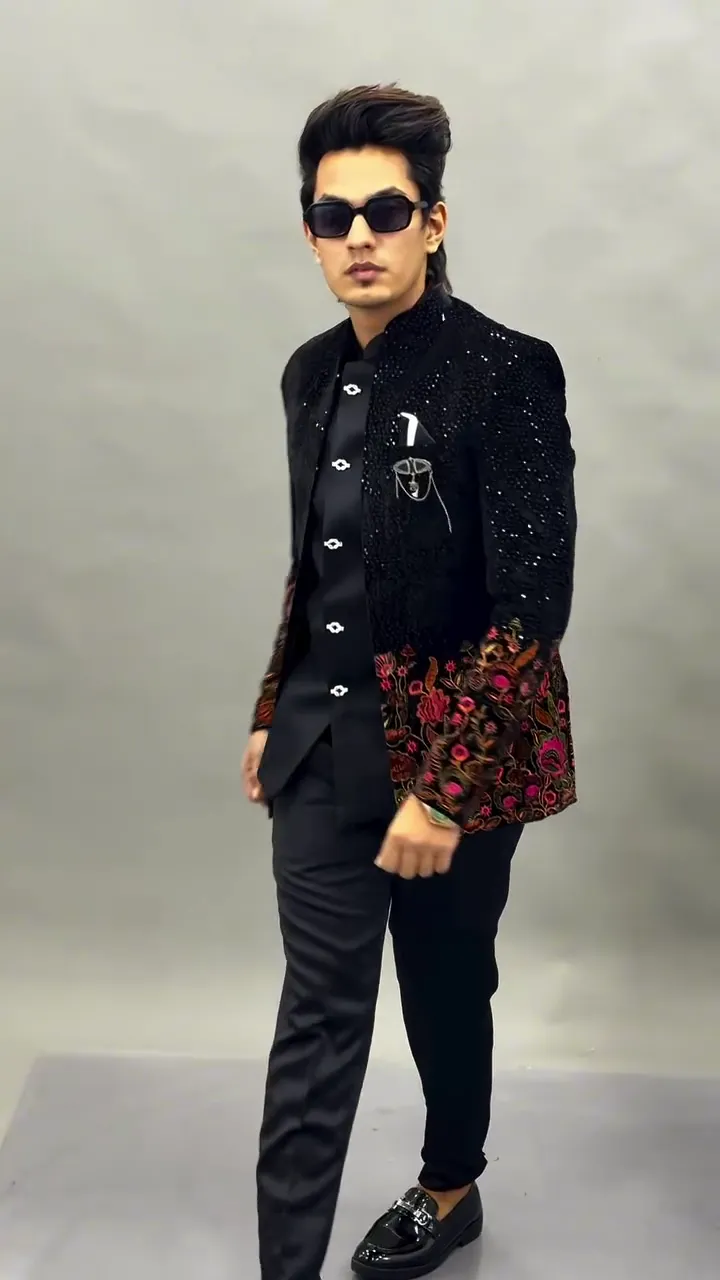 Men Black Velvet Jodhpuri Bandhgala Jacket with Floral Embroidery β Designer Wedding & Party Wear Blazer - Image 4