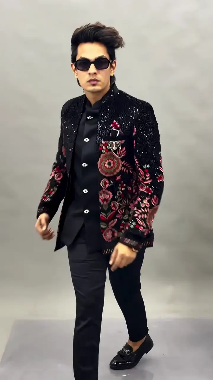 Men Black Velvet Jodhpuri Bandhgala Jacket with Floral Embroidery β Designer Wedding & Party Wear Blazer - Image 6