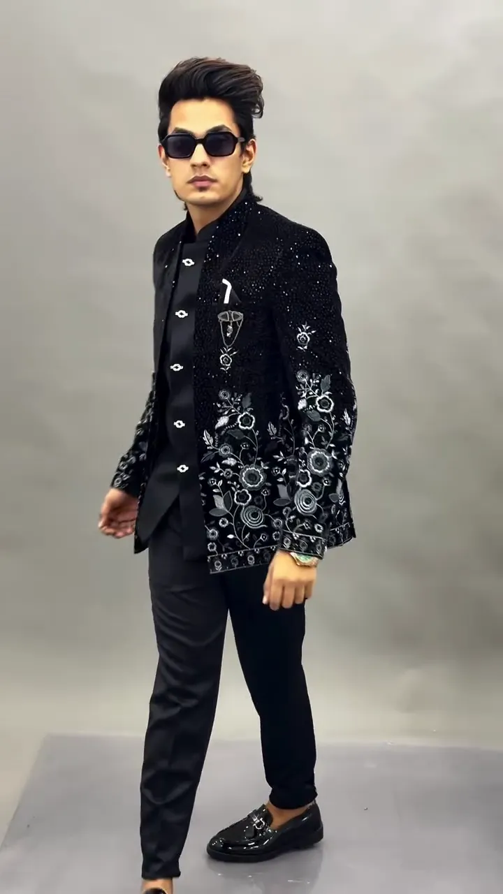 Men Black Velvet Jodhpuri Bandhgala Jacket with Floral Embroidery β Designer Wedding & Party Wear Blazer - Image 7