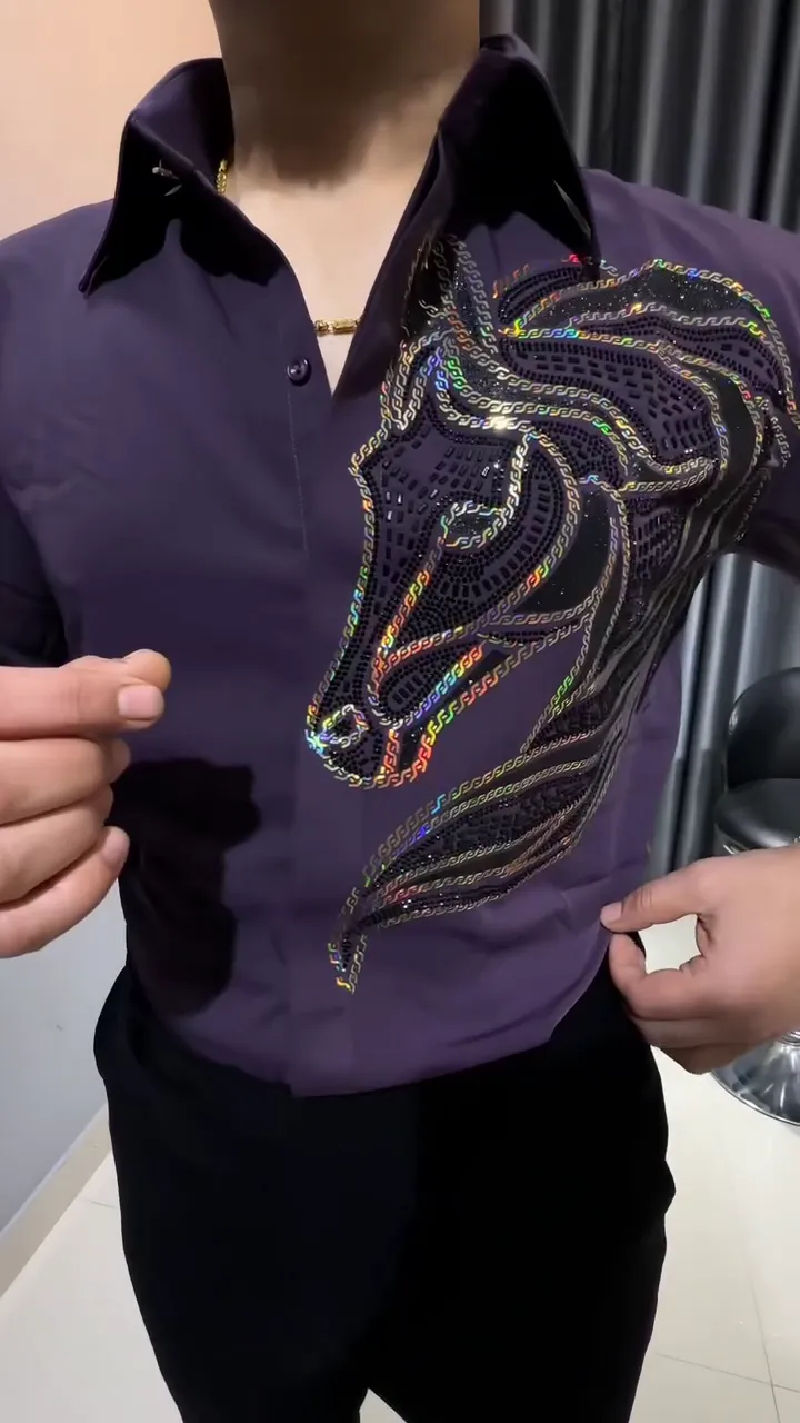 π Purple Satin Cotton Shirt for Men with Horse Embroidery β Designer Casual & Party Wear Shirt πβ¨