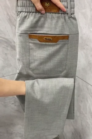 Men’s Grey Formal Trousers – Slim Fit Stretch Pants with Leather Accent Pockets ✨