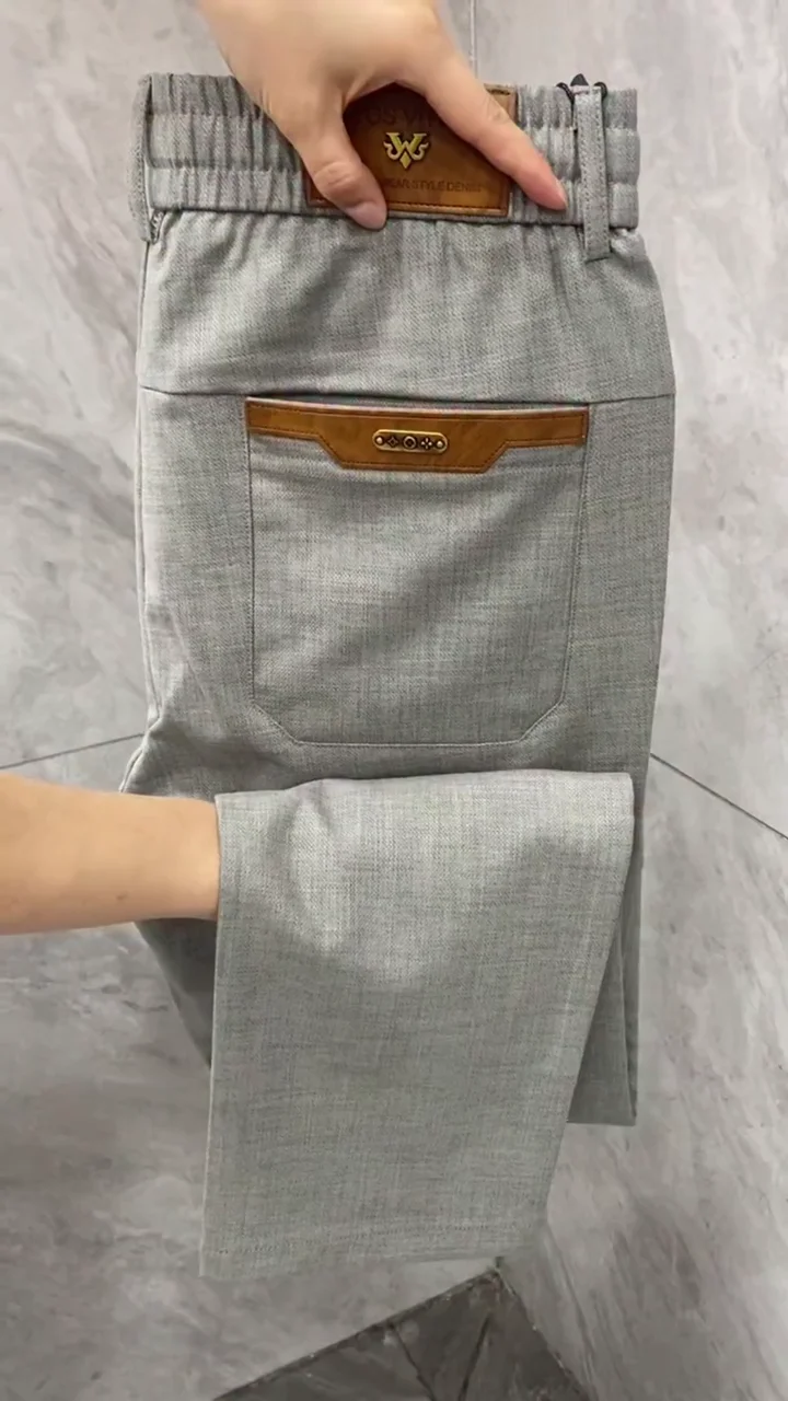 Menβs Grey Formal Trousers β Slim Fit Stretch Pants with Leather Accent Pockets β¨