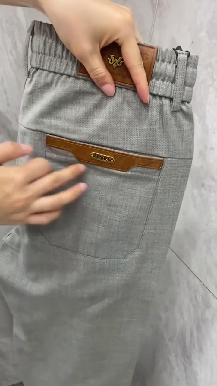 Menβs Grey Formal Trousers β Slim Fit Stretch Pants with Leather Accent Pockets β¨ - Image 2
