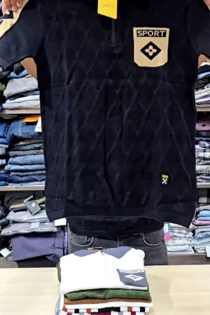 👕 Men’s Navy Knitted Polo Shirt with Zip – Slim Fit Retro Style Cotton Blend T-Shirt ✨