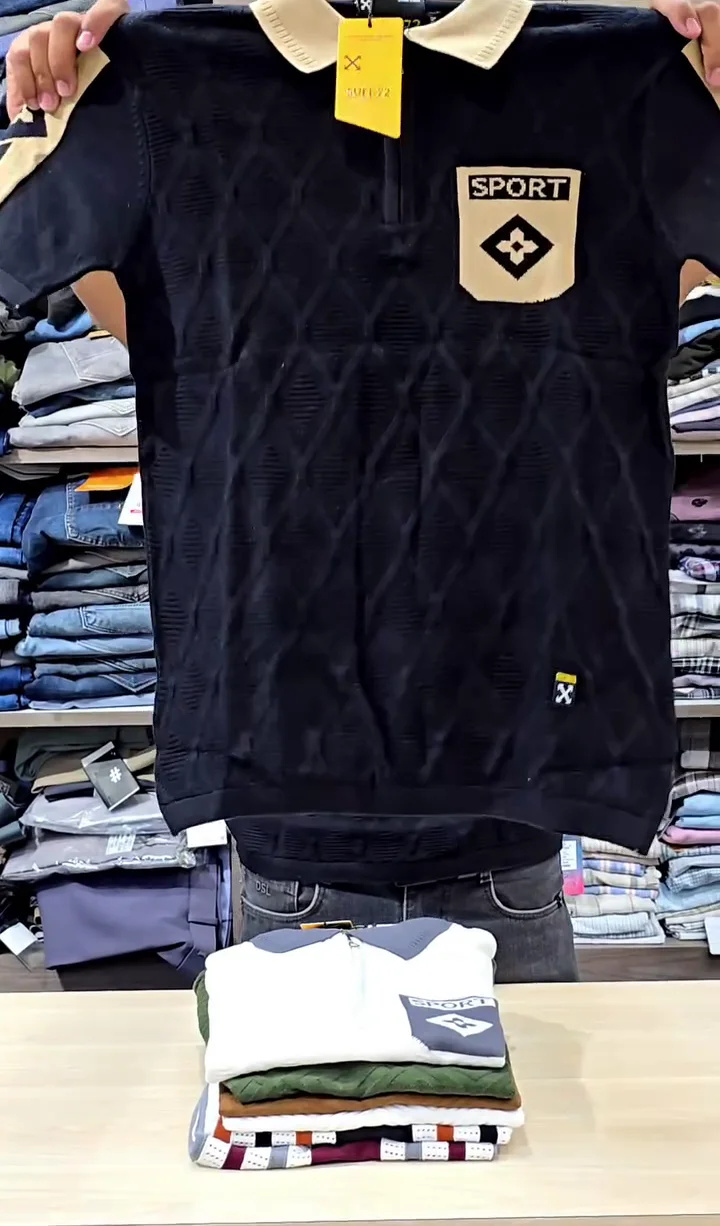 π Menβs Navy Knitted Polo Shirt with Zip β Slim Fit Retro Style Cotton Blend T-Shirt β¨
